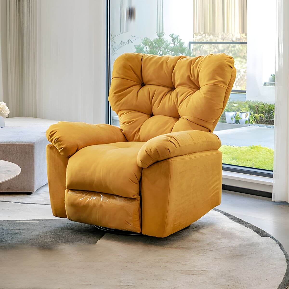 Contemporary swivel rocker recliner in yellow microsuede