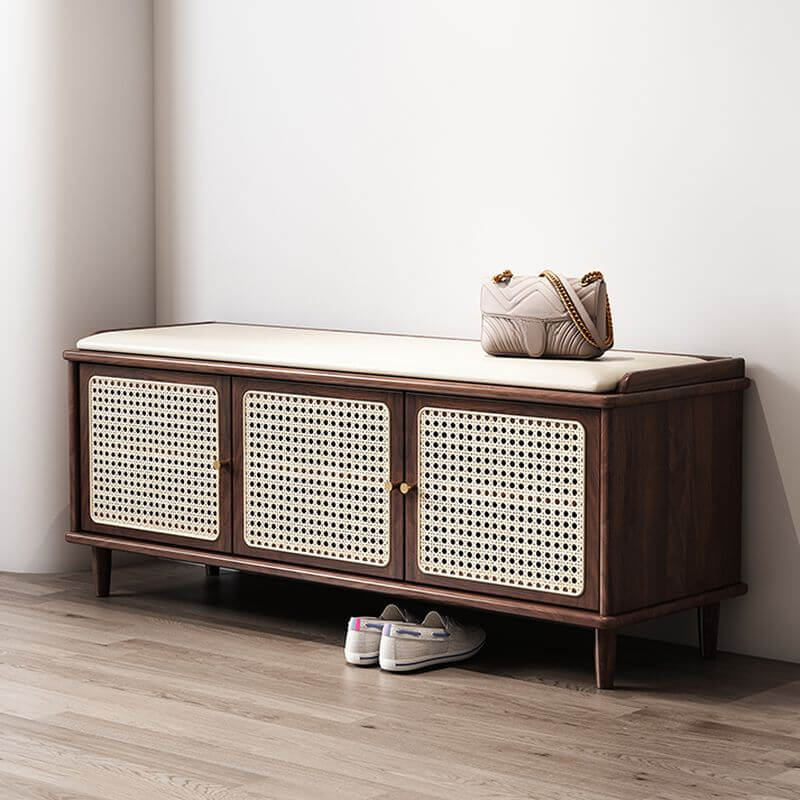 Nut-brown upholstered shoe bench with locker storage