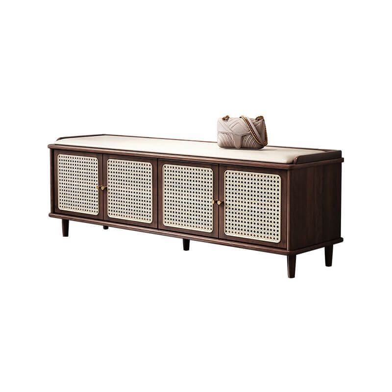 Nut-brown upholstered shoe bench with locker storage