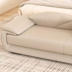 Orange upholstered entryway bench with cushions