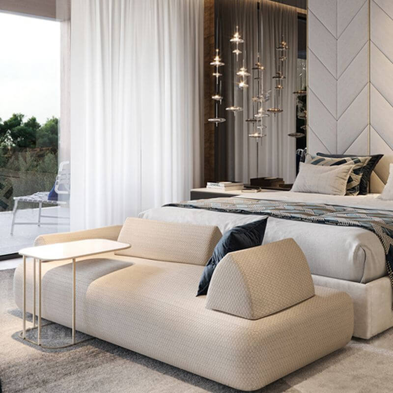 Zeitgenössische Weiße Uni-Farben Polsterbank für Innenräume mit Armen und Rücken, Gepolstert Zweitbild