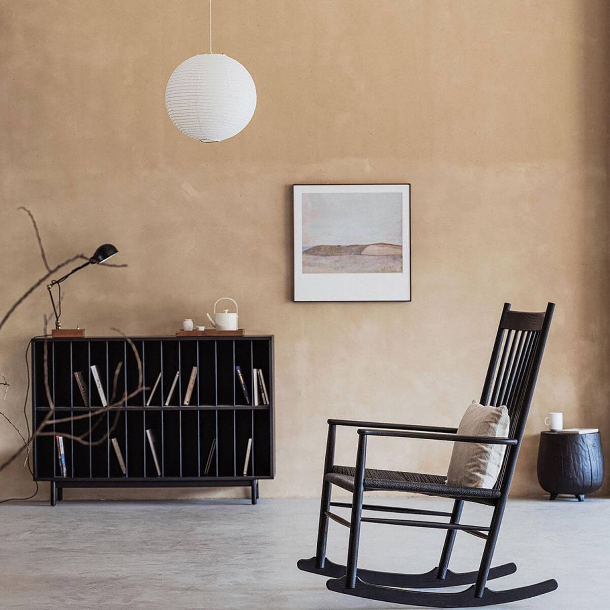 Black contemporary wood rocking chair in living room