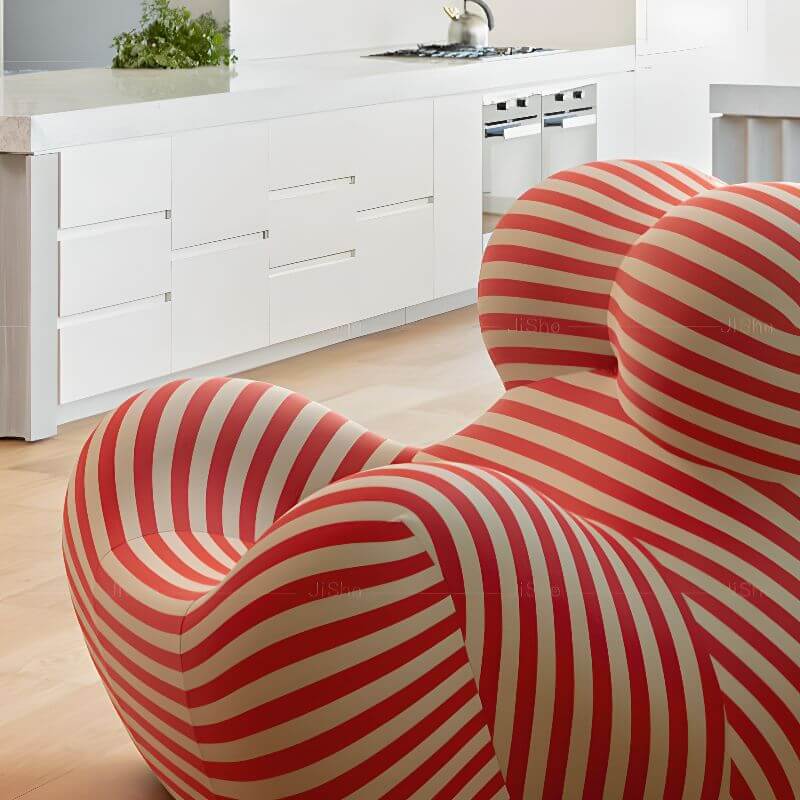 Zeitgenössischer Gelb/Mitternachts-Schwarz/Karmesinrot Uni-Farbe/Abstrakt/Gestreifter Akzentstuhl mit Ottoman und Armlehne, fester Rücken & Ottoman inklusive Zweitbild