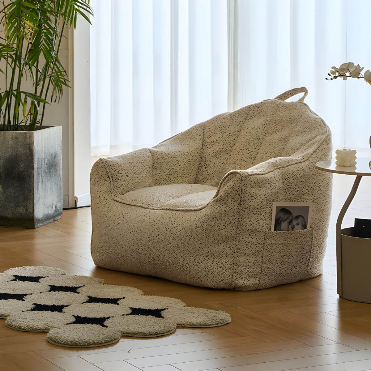 Cozy Beige Cotton Blend Bean Bag Chair side view