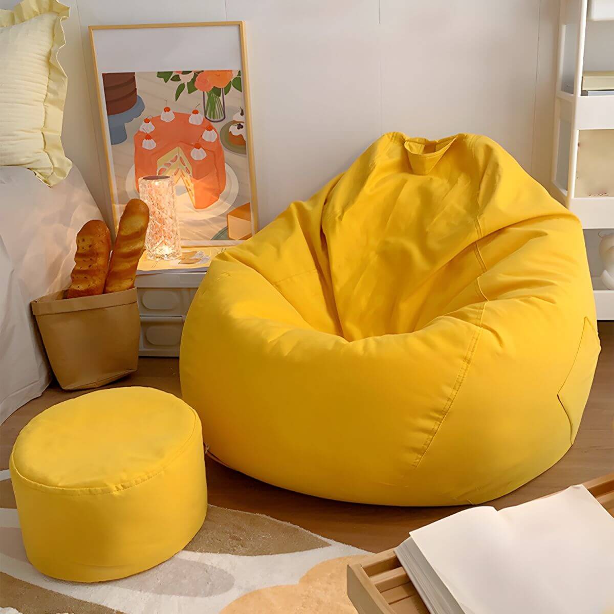 Large yellow bean bag chair for lounging