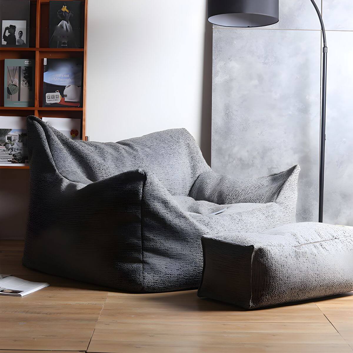 Cozy gray linen bean bag chair angled view