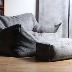 Stylish gray linen bean bag chair with ambient lighting