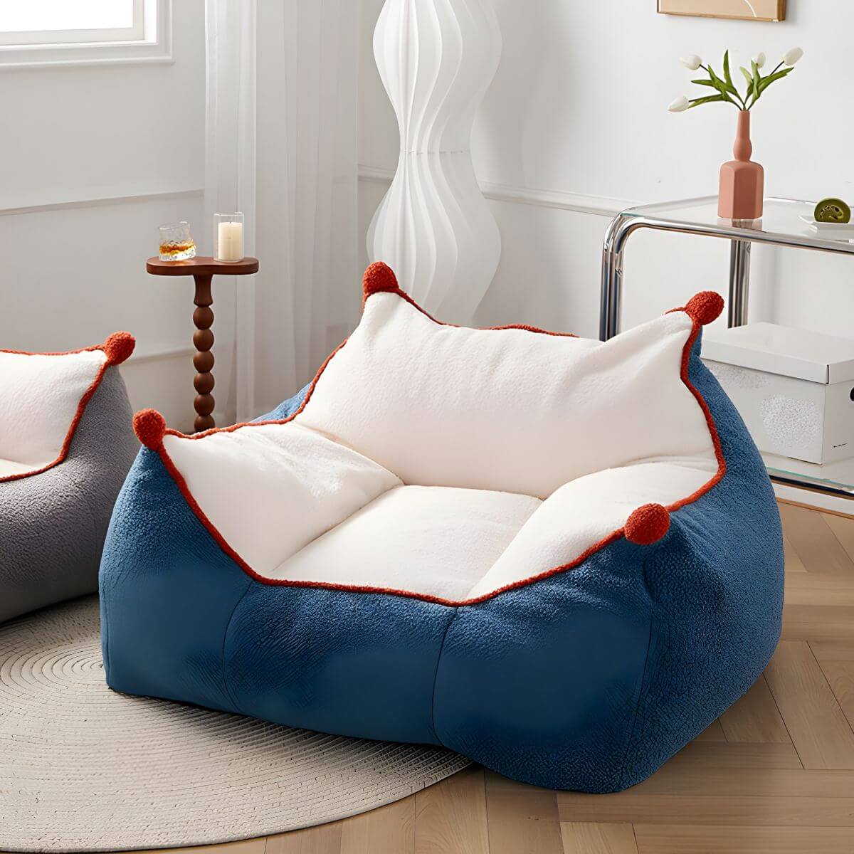 Cozy Sherpa White Bean Bag Chair in Grey