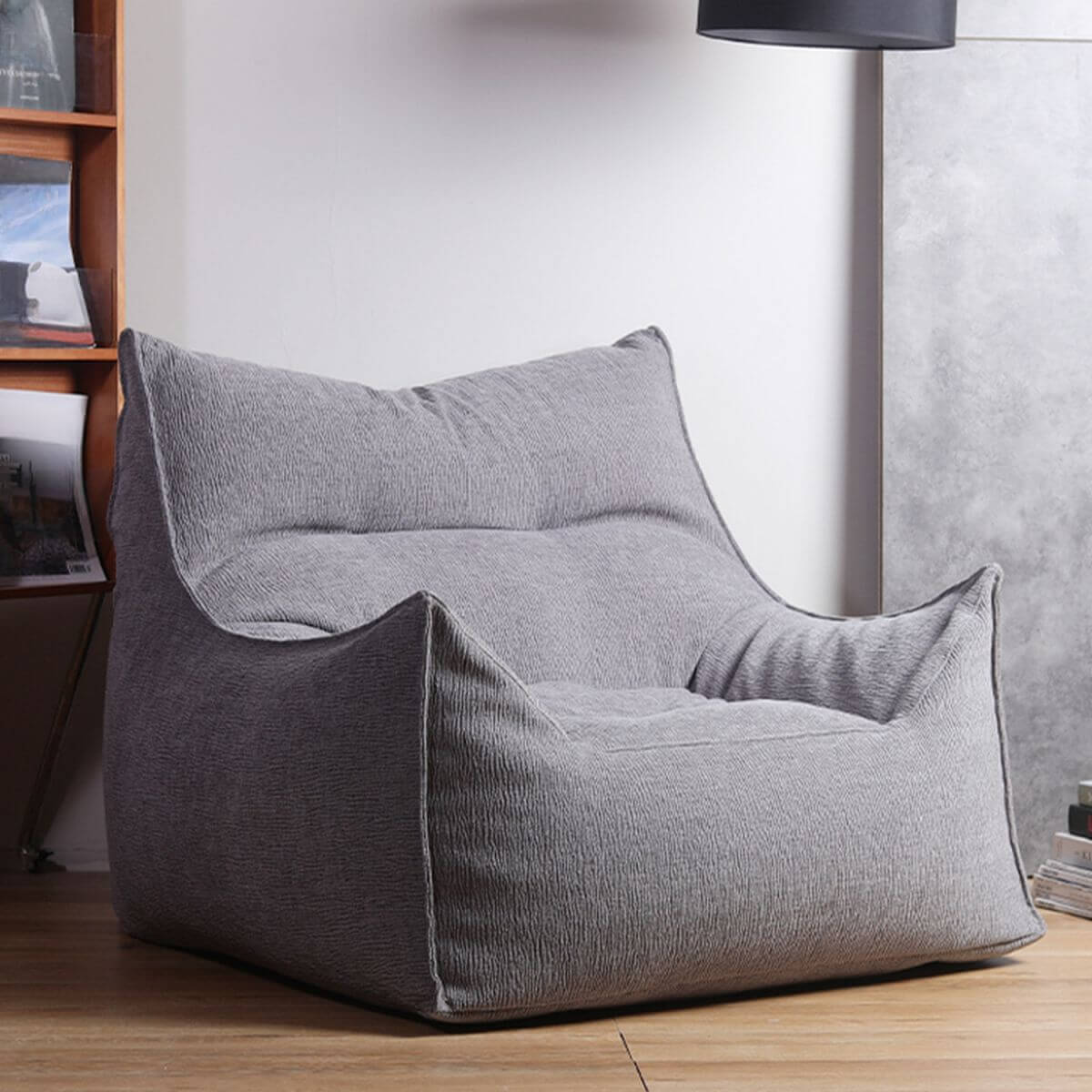 Cozy grey bean bag chair in modern living room