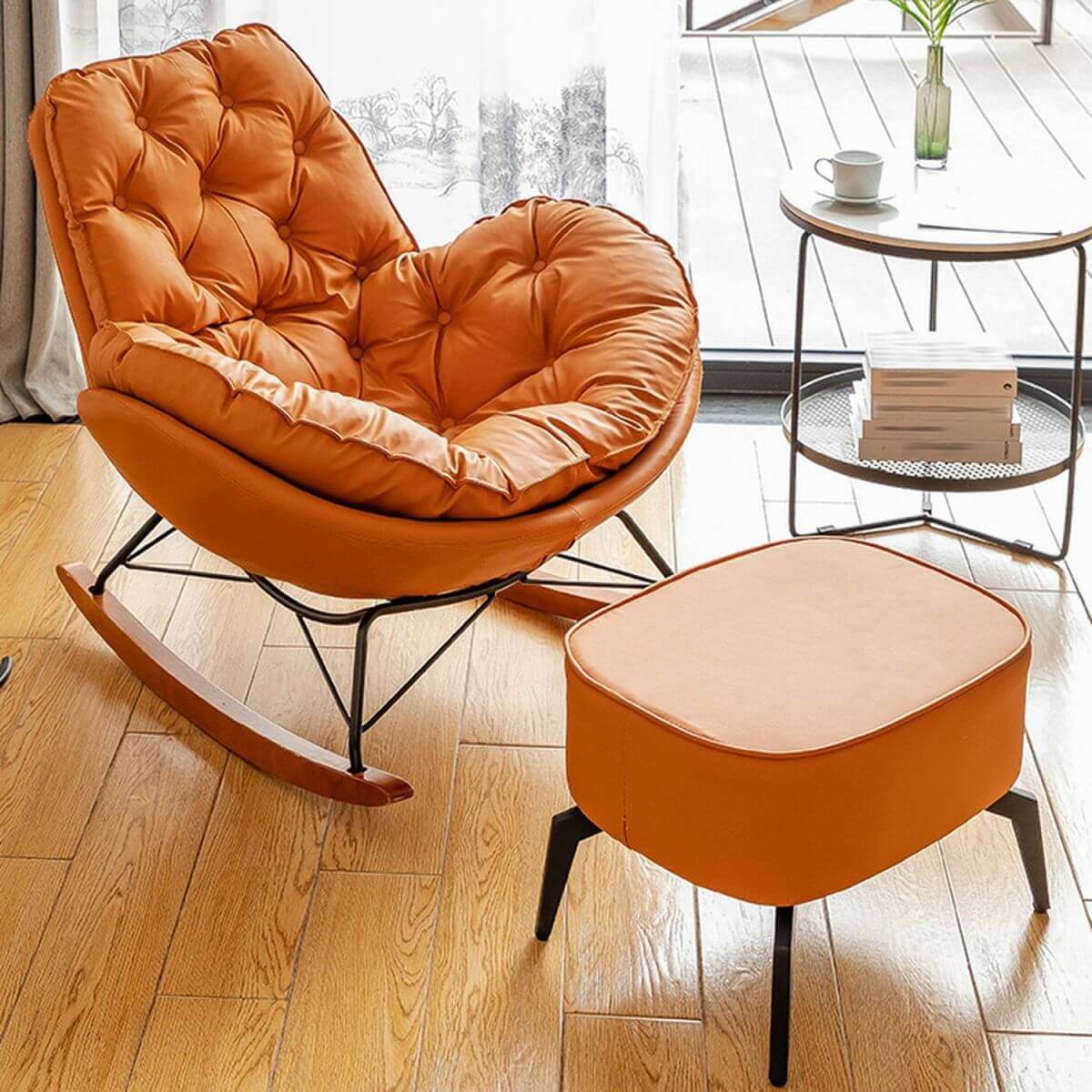 Elegant Brown Metal Rocking Chair from the side view