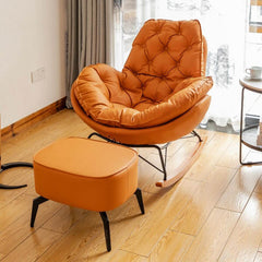 Close-up of upholstered back cushion on rocking chair