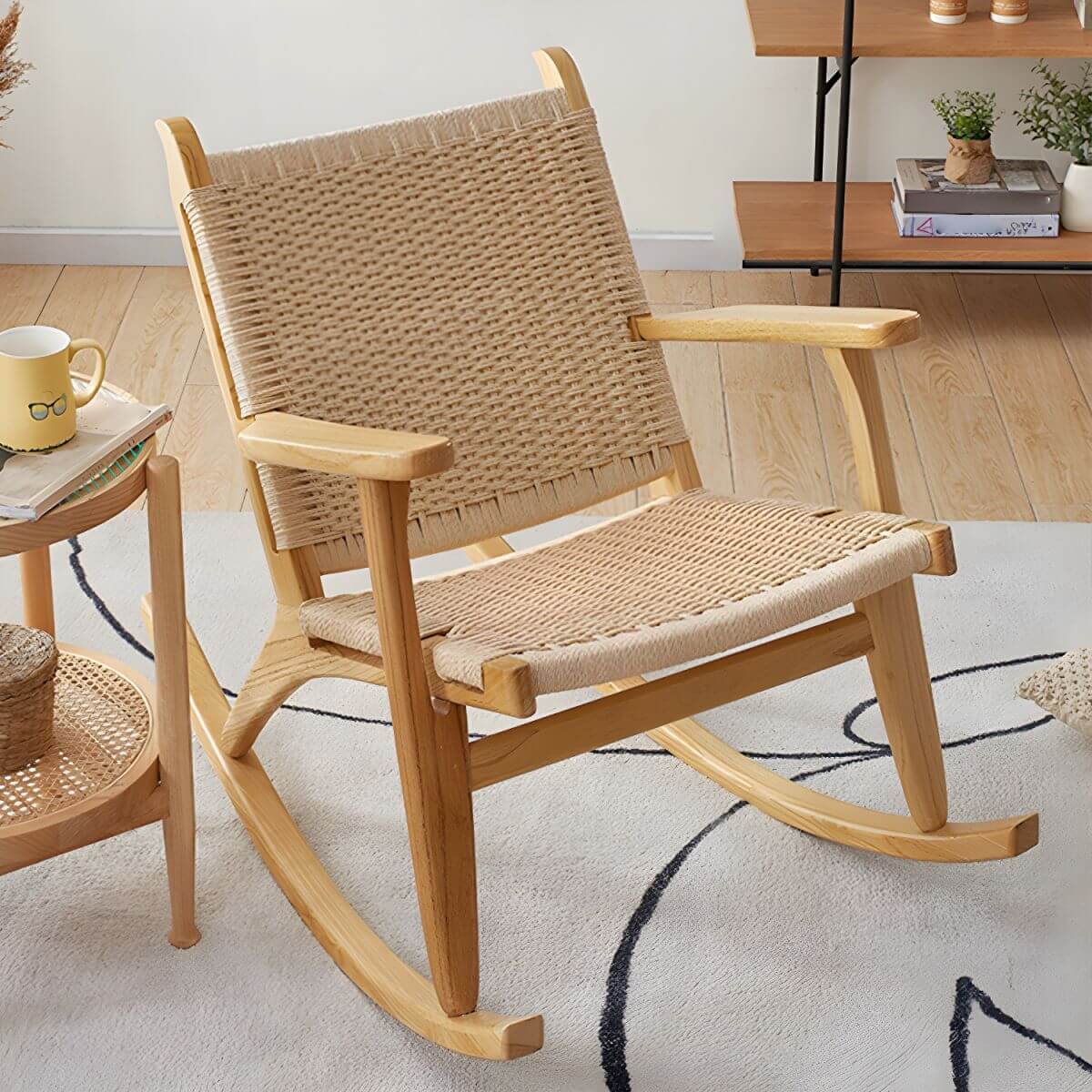 Elegant Natural Wood Rocking Chair with Upholstered Track Arms