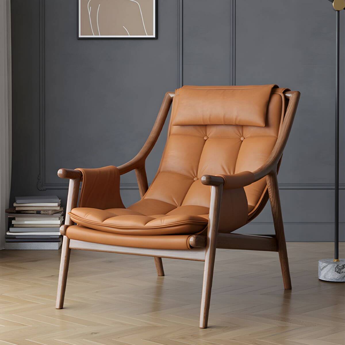 Scandinavian style wood frame recliner in brown faux leather Imagen principal del producto