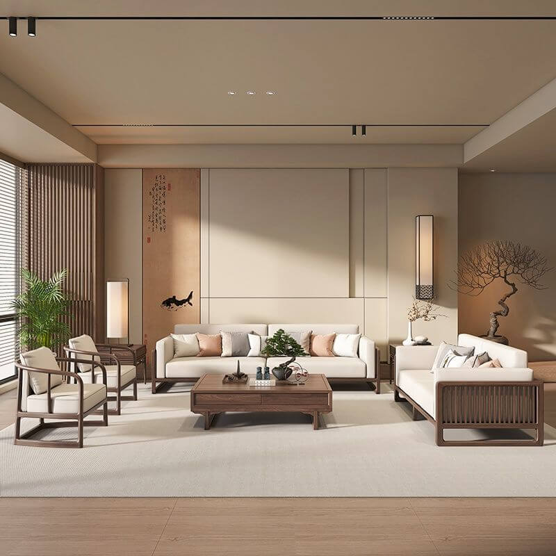 Elegant Settee in Natural Walnut Wood with Ivory Upholstery, 5 Pillows, and Removable Cushion Secondary image