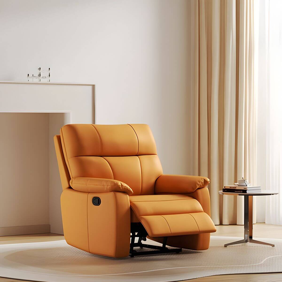 Elegant Wood Recliner Chair in orange upholstery