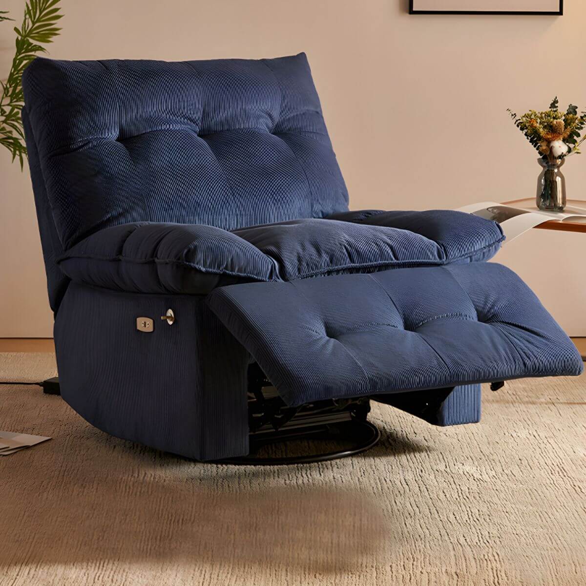 Dark Blue Ergonomic Corduroy Recliner with Lumbar Support