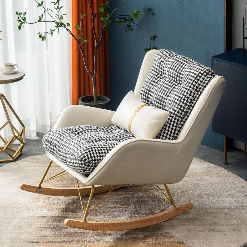 Modern upholstered rocking chair with natural wood legs