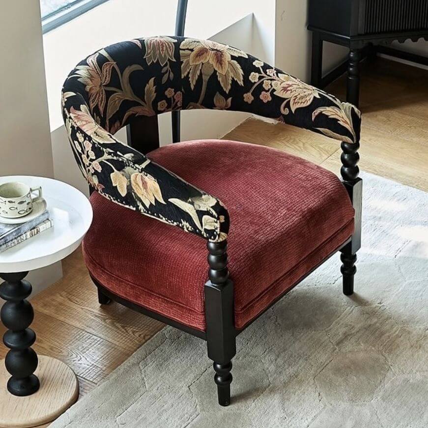 Floral Pattern Ash Wood Arm Chair in Vermilion against white backdrop