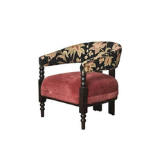 Floral Pattern Ash Wood Arm Chair in Vermilion against white backdrop