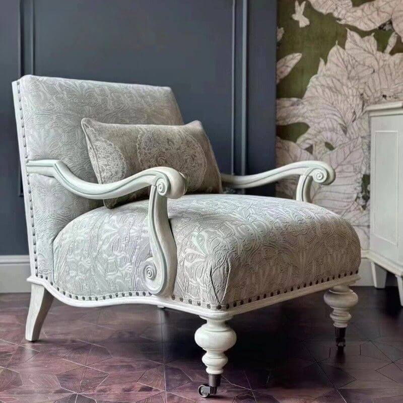 Elegant oak wood arm chair in drawing room setting