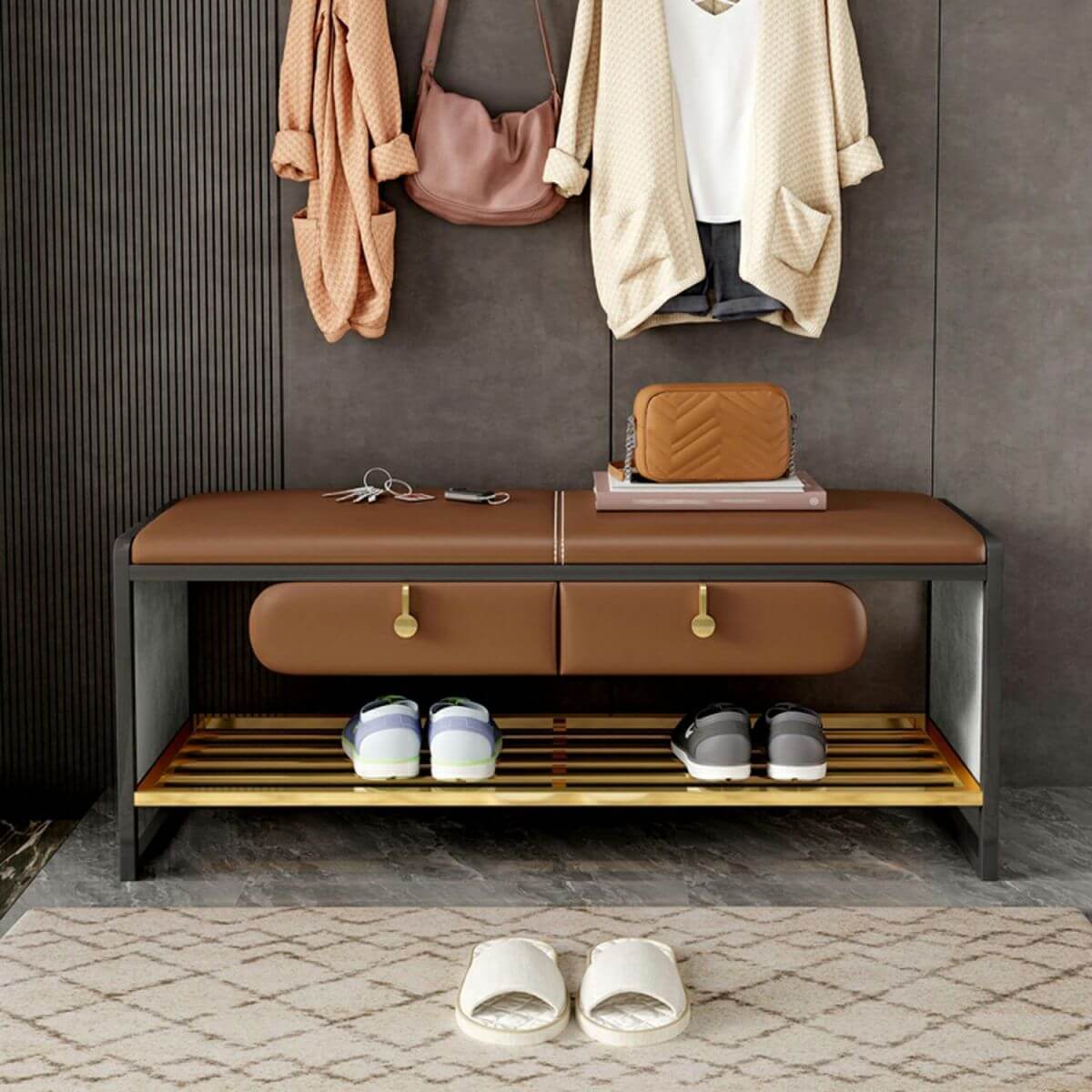 Glam Faux Leather Rectangle Ottoman in orange Image principale du produit