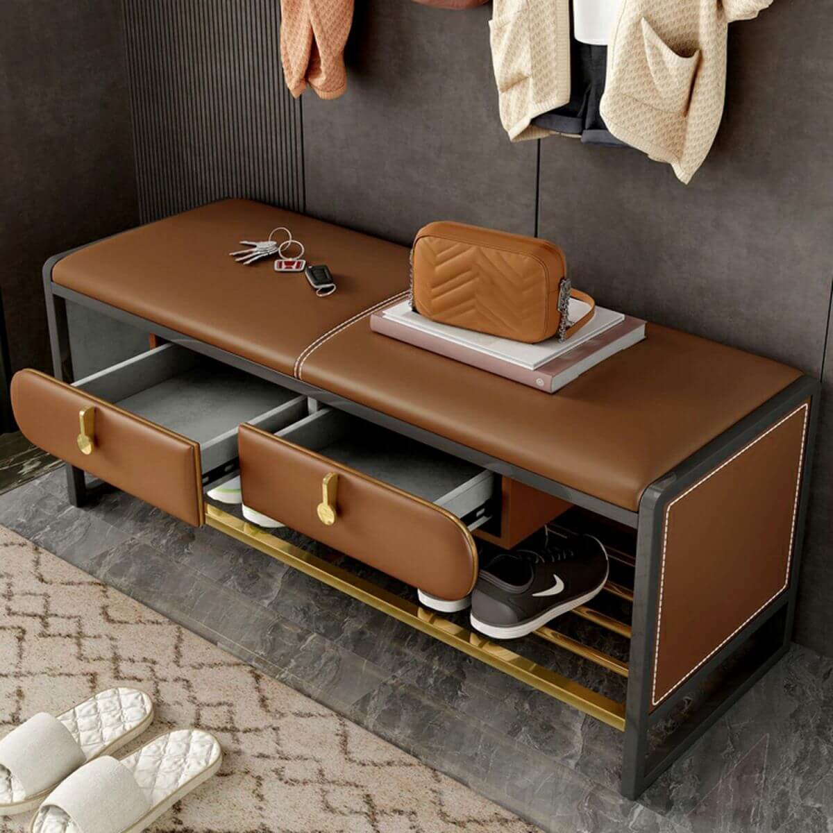 Pouf Rectangulaire Glam en Similicuir avec Stockage - Pieds Noirs Image secondaire du produit