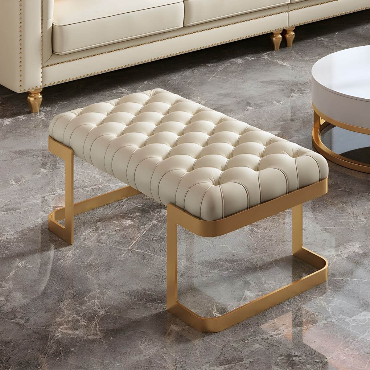 Glam Upholstered Accent Stool Beige