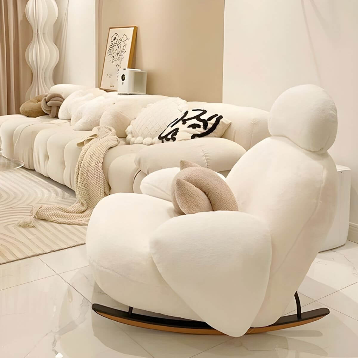 シェルパ張りと木製脚のインテリアモダンロッキングチェア サブ画像