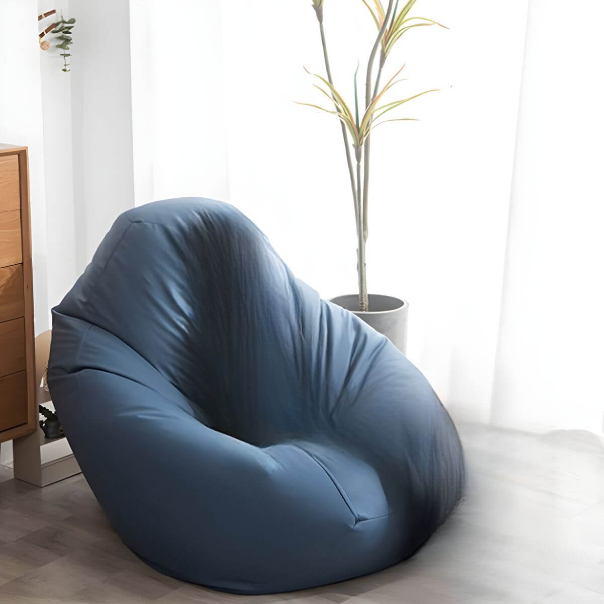 Navy faux leather bean bag chair side view