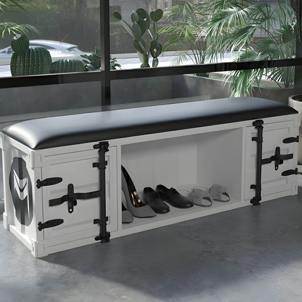 Stylish faux leather ottoman on hardwood floor