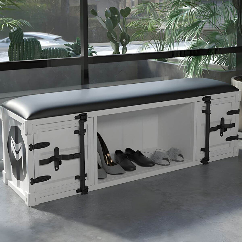 Stylish faux leather ottoman on hardwood floor