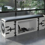 Stylish faux leather ottoman on hardwood floor