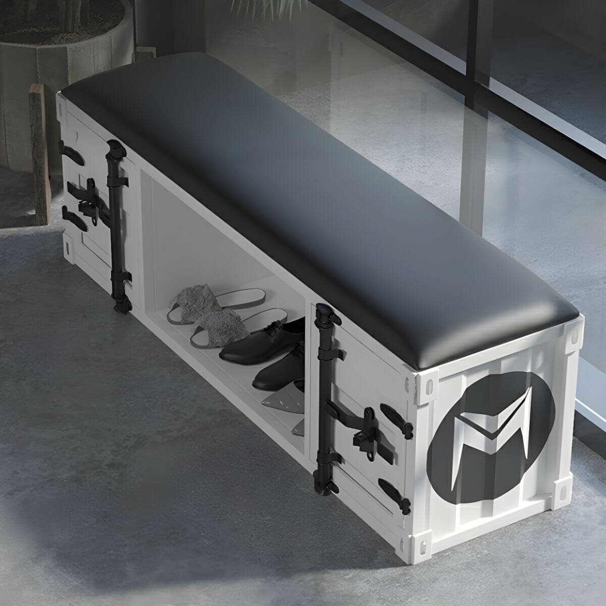 Metal framed storage ottoman in living room