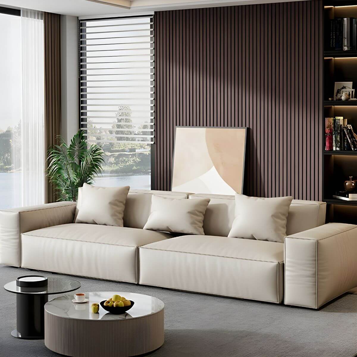 Ivory genuine leather sofa in a modern living room