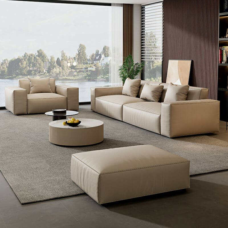 Sofá tapizado en cuero genuino resistente a desgarros color marfil con marco de madera de pino Imagen secundaria del producto