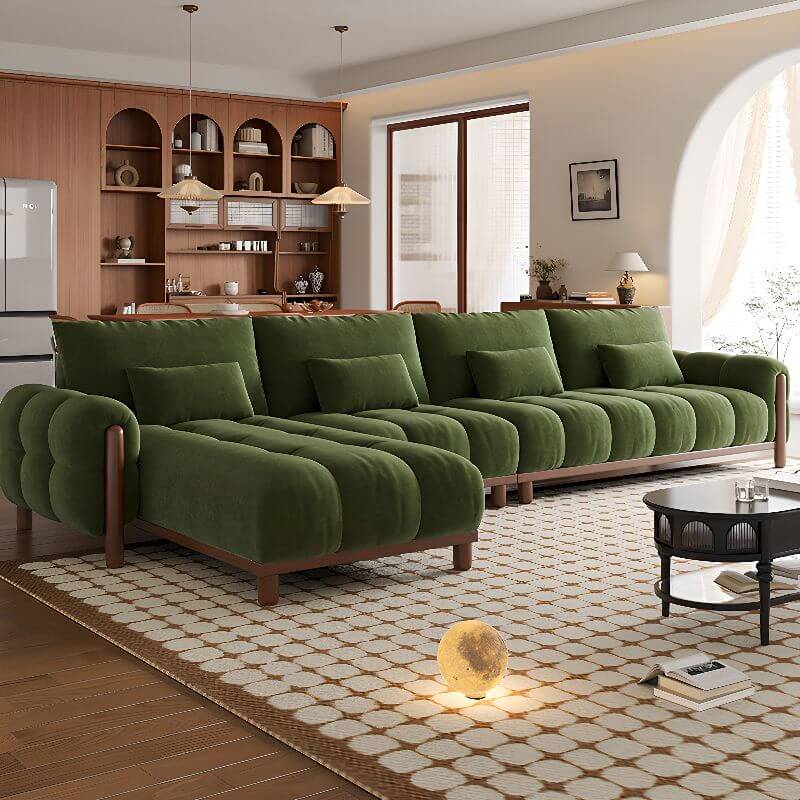 ダークグリーンのL字型ソファシェーズ、左向き、丸みを帯びたアーム サブ画像