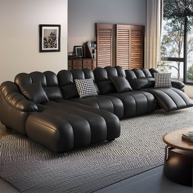 L-Shape Sofa Chaise Black Upholstery Front View Hauptbild