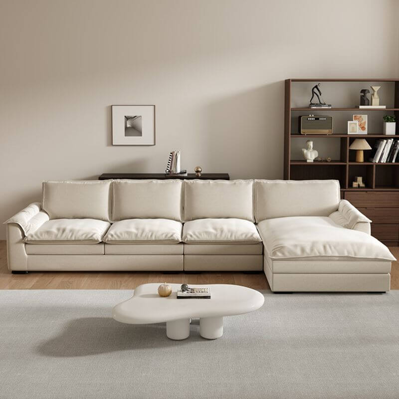 L-Shape Stain Resistant Corner Sectional in Ivory, Right Hand Facing with Recessed Arm, Slipcover, and Chaise Secondary image