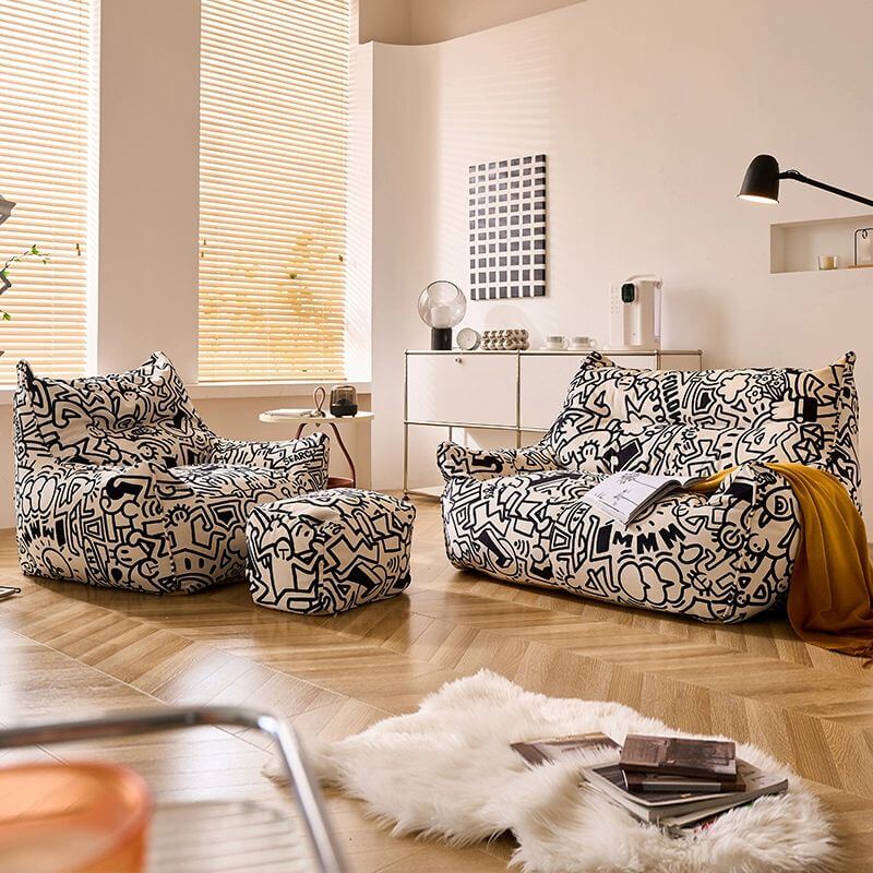 Large Flannel Cartoon Theme Bean Bag Chair with Machine Washable Cover and Zipper Closure in White Secondary image