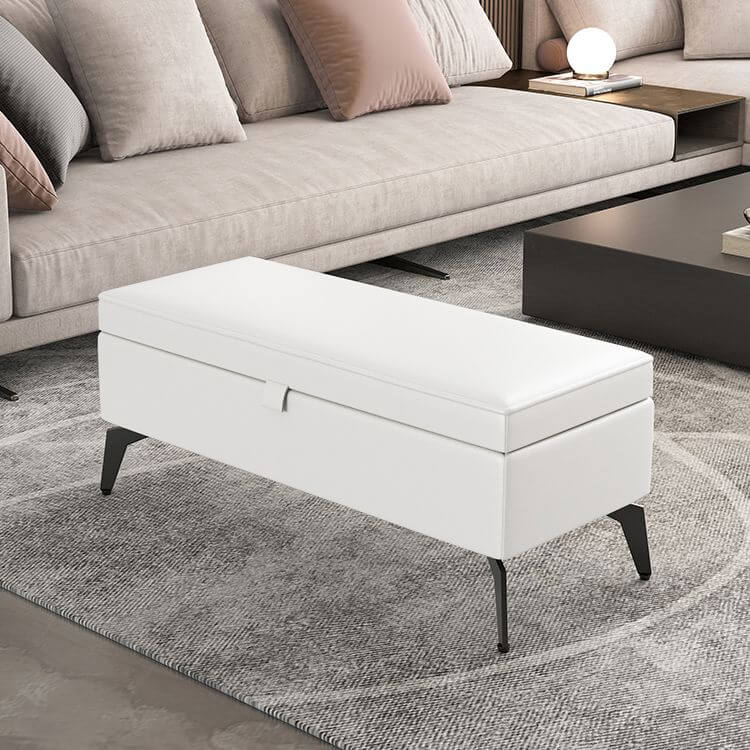 Large Modern Storage Faux Leather Rectangular Ottoman in Black - Front View