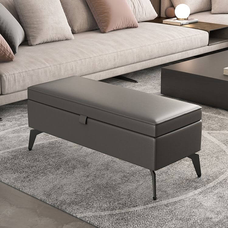 Large Modern Storage Faux Leather Rectangular Ottoman in Black - Side View