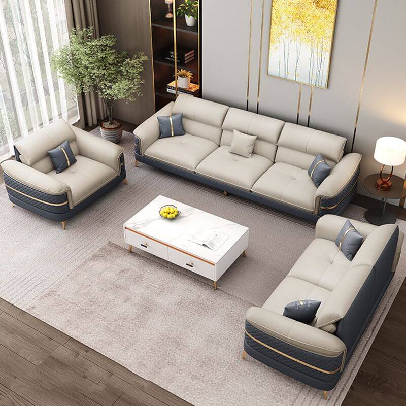 Farmhouse style fabric sofa close-up