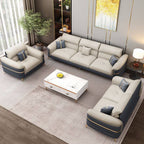 Farmhouse style fabric sofa close-up