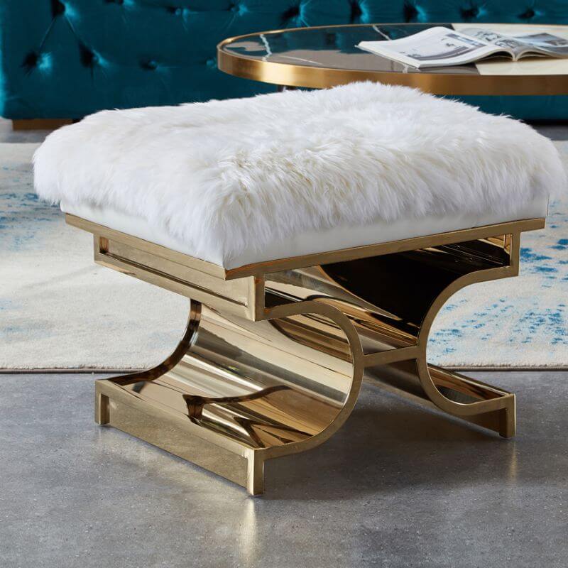 Ottoman Rectangulaire de Luxe en Couleur Unie Ivoire/Blanc/Gris avec Remplissage en Éponge et Base en Métal Doré Image secondaire du produit