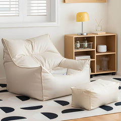 Cozy white faux leather bean bag chair in a modern setting