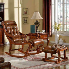 Brown wooden rocking chair paired with matching ottoman