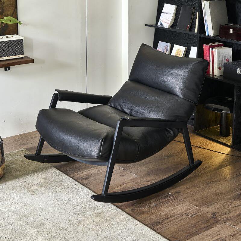 Midnight Black Minimalist Upholstered Indoor Rocking Chair from side view