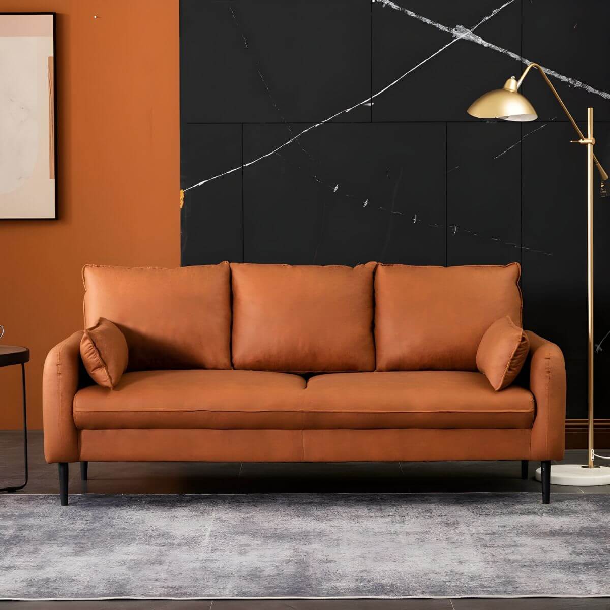 Minimalist grey sofa with tangerine accents メイン画像