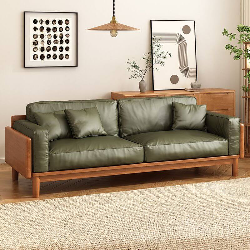 Minimalist lime green sofa with square wood arms