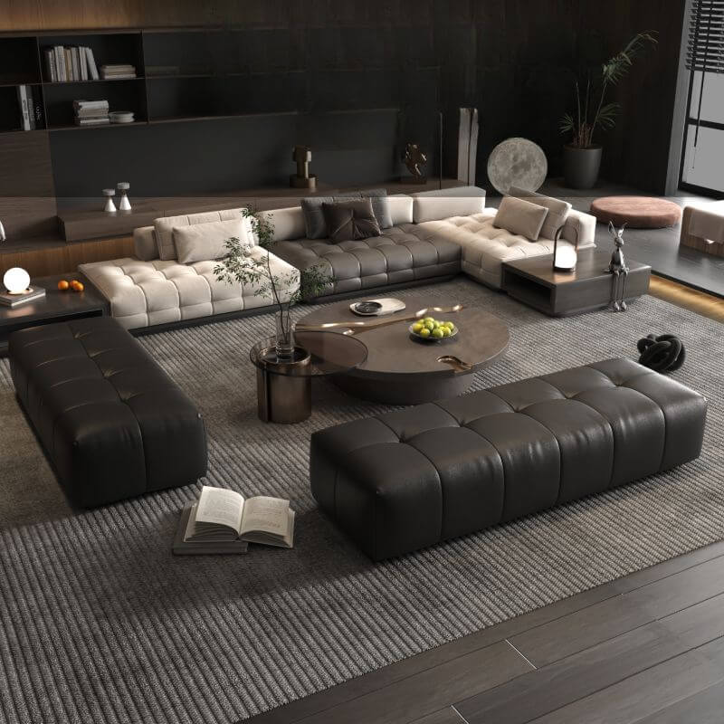 Minimalist black ottoman in a modern living room Image principale du produit